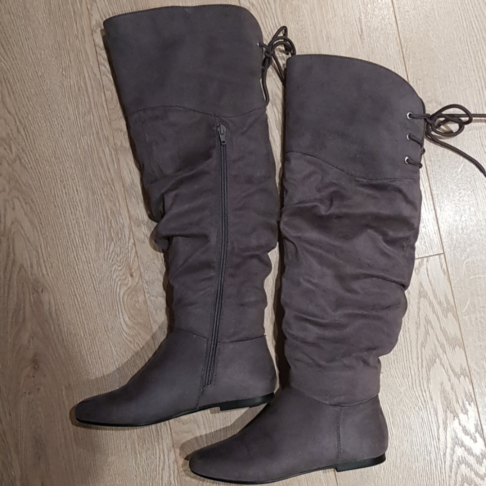 Gray suede over the knee boots